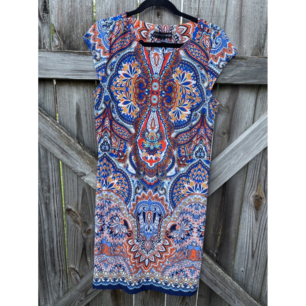 Madison Leigh Womens Blue Orange Paisley V-Neck Cap Sleeve Sheath Dress Size 8